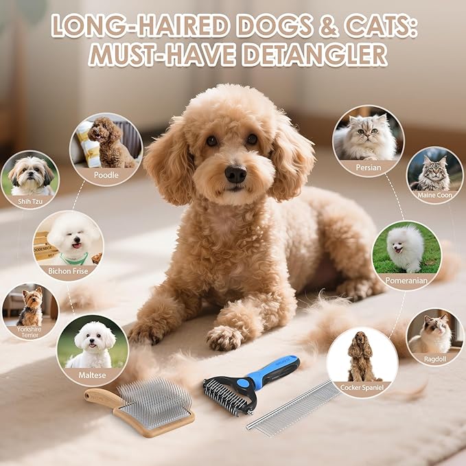 Large Slicker Brush for Dogs – 3pc Grooming Kit with Undercoat Rake & Comb, Deshedding Pin Brush for Mats & Shedding on Long-Haired & Double-Coated Dogs, Cats, Poodles & Goldendoodle, Oak