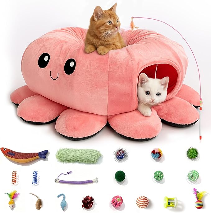 Cat Tunnel Bed with 20 Cat Toys, Collapsible Play Tunnel for Indoor Cats, Kitten Toys for Indoor Kittens, Octopus Shaped