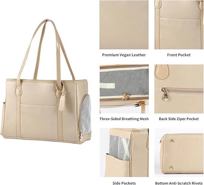 Stylish Dog Purse Carrier, Leather Pet Carrier Bag for Small Dogs Cats Puppy, Airline Approved Soft-Sided Carrier Ivory