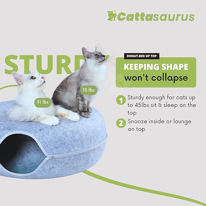 Cattasaurus Peekaboo Cat Cave Donut for Multiple & Large Cats up to 30-45 lbs, 3-in-1 Self Warming Cat Bed, Tunnel & Scratcher for Indoor Cats, Washable & Detachable Small Dog Bed (Light Gray, Jumbo)
