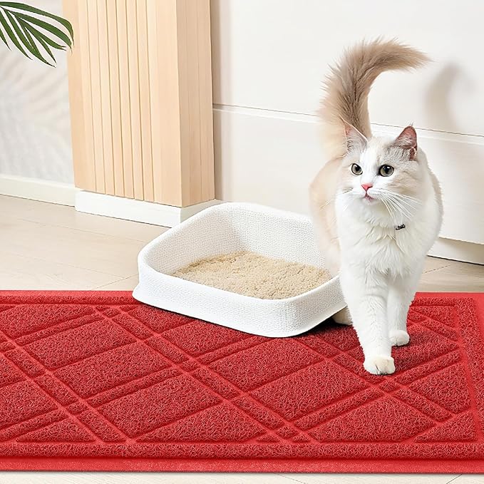 Smiry Cat Litter Box Mat 47x24, Non-Slip Water Resistant Litter Trapping Mat, Easy Clean Less Waste and Urine-Locking Cat Carpet for Indoor, Red
