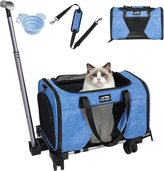 Cat Carrier with Wheels – Airline Approved Pet Travel Backpack, Soft-Sided Collapsible Rolling Carrier for Cats and Small Dogs, Expandable Top Loading Ventilated Design, Blue