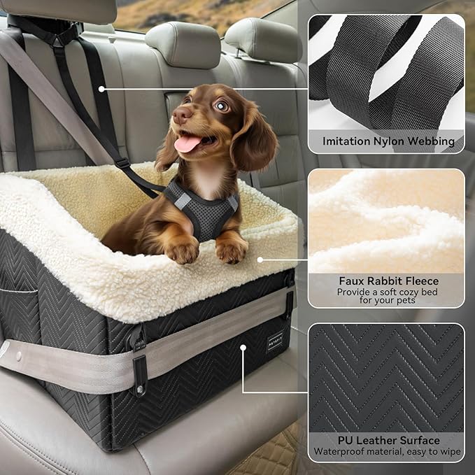 PETSFIT Small Dog Car Seat, Waterproof PU Leather Dog Booster Car Seat with Patented Safe Buckles, Detachable Washable Cushion, 2 Storage Pockets, Dog Car Seat Medium Sized Dog up to 30 lbs (Black)