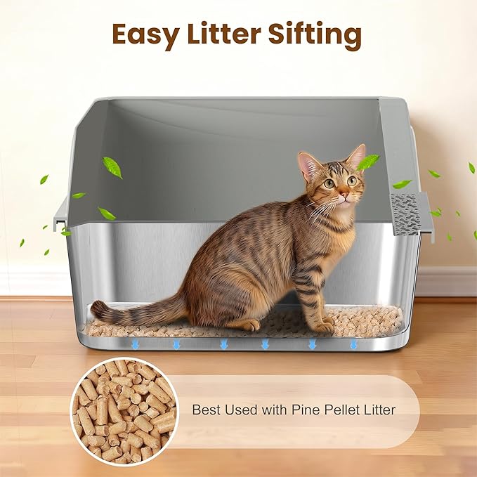 Stainless Steel Sifting Litter Box for Pine Pellets, Sifting Cat Litter Box with Sifter, High Side for Small Cats, Anti-Leakage, Odor Control, Includes Scooper, 17.7" x 13.8" x 11"