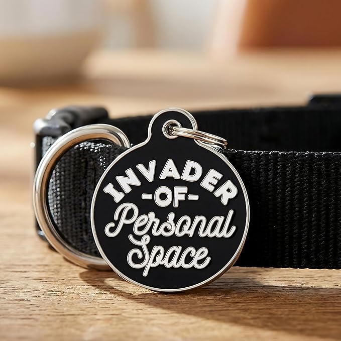 Bad Tags Personalized Dog & Cat ID Tags - Choose from 25+ Tag Designs - Free 5 Lines Custom Engraved - Unique, Cute, Funny, Sassy Pet Tag (Invader of Personal Space - Black, Small (1 inch))