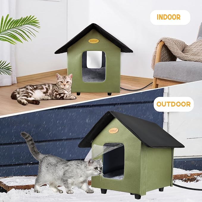 Heated Cat Houses for Outdoor Cats - Elevated Weatherproof Insulated Heated Outdoor Cat House for Winter - Feral Cat Shelter for Outside Cats - Outdoor Heated Cat House (Green)