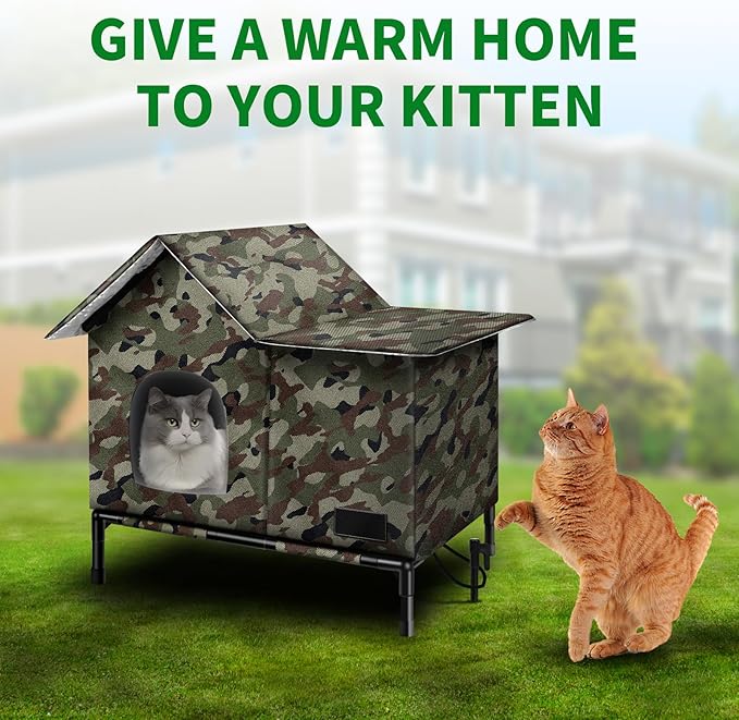 Heated Cat House,Removable Weatherproof Cat Houses for Outdoor Cats with Heating Pad (Camo, Medium)