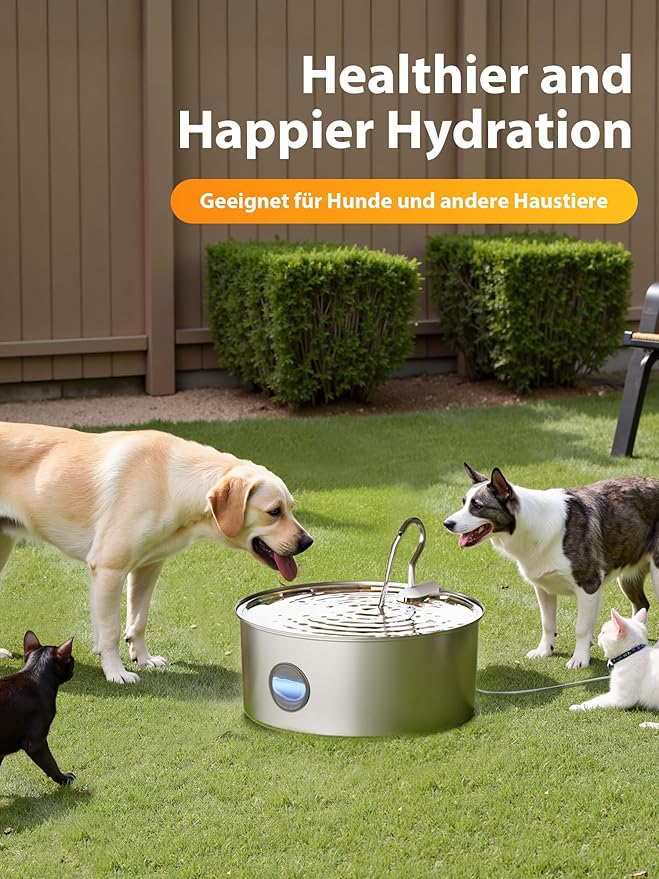 Dog Water Fountain for Large Dogs - 8L/270oz Stainless Steel Dog Fountain Water Bowl, Great for Large Dogs Cats and Multi-Pet Home, Quiet Pet Dispenser with Visual Water Level, Easy-to-Clean