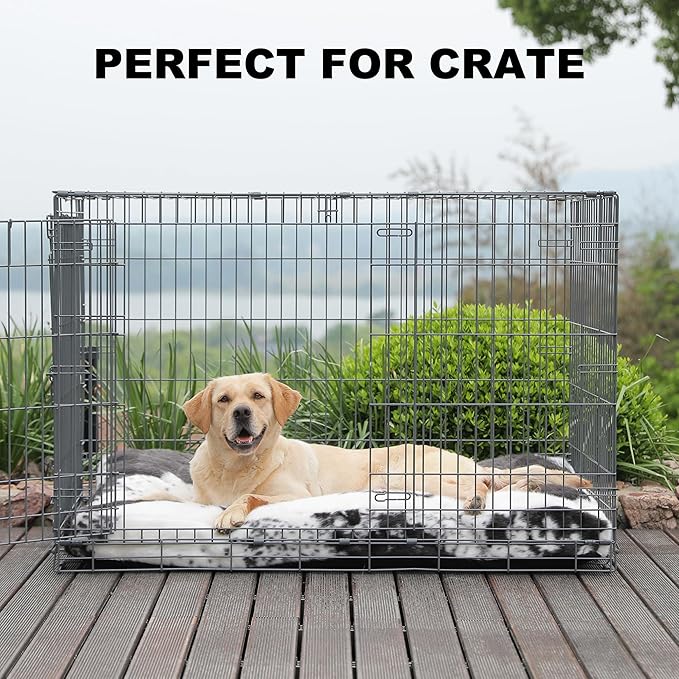 Bedfolks Waterproof Kennel Pad,Plush Dog Crate Bed with Removable, Washable Faux Fur Cover for Extra Large Dogs, Fluffy - 41"x27", Black-White Cowhide