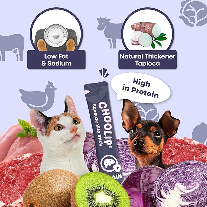 Choolip Squeeze Vita Stick Lickable Cat and Dog Treats, 49-Count Brain Support Variety Pack, Chicken and Tuna with DHA, CoQ10 and Vitamin E