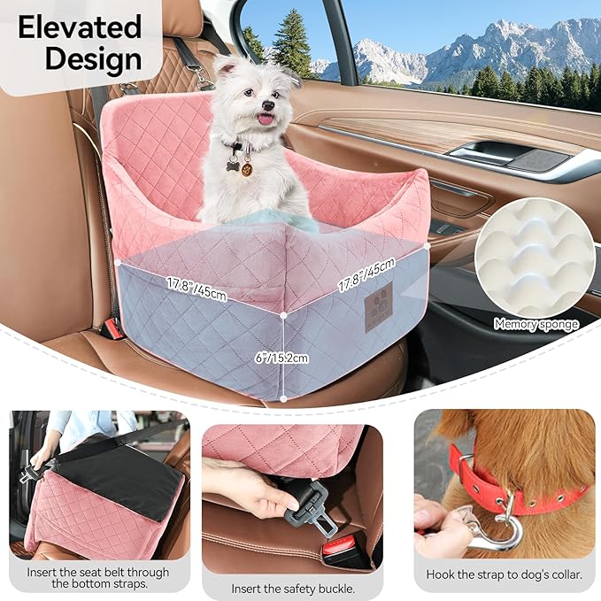 Dog Car Seat for Small/Medium Dogs, Dog Booster Car Seats with Thick Cushion for Dogs Under 35lbs, Detachable Washable Pet Bed with Storage Pockets, 2 Safety Belts (Pink)