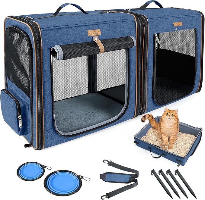 Lekereise 2-in-1 Cat Travel Carrier with Litter Box, (17.7" x2) x16.5"x13" Large Cat Carrier with Zipper Locks for Moving Across The Country (No Hammock) - Blue