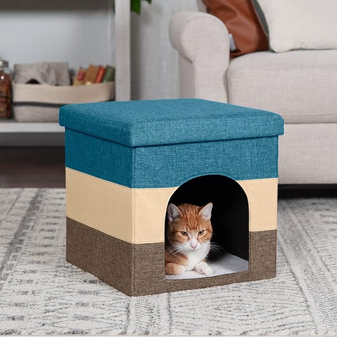 Furhaven Pet House for Indoor Cats & Small Dogs, Collapsible & Foldable w/ Plush Ball Toy - Living Room Footstool Cat Condo - Beach House Stripe (Brown/Blue), Small