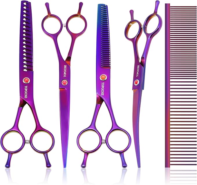 TOPGOOSE Dog Grooming Scissors Kit, Professional 6 in 1 Pet Scissors Sharp Shears Set - Straight, Thinning, Chunker, Curved Shears and Comb for Long Short Hair for Dog Cat (Set, Purple)