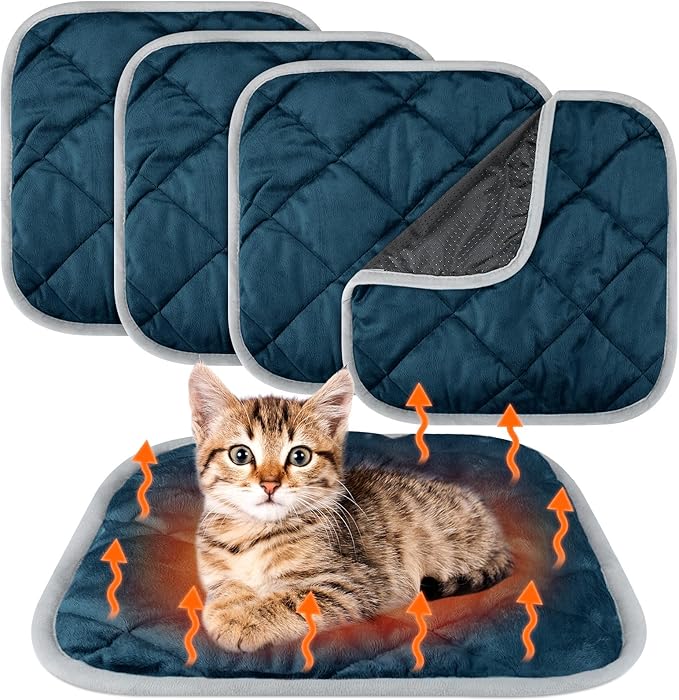 4 Pack Self Heating Cat Pad Self Warming Dog Mat Reflects Body Heat Extra Warm Thermal Pet Pad Washable Dog Cat Bed Crate Bed Mat Blanket(16 x 16 Inch,Blue)
