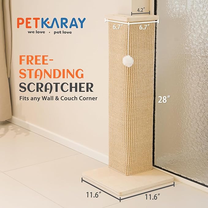 PETKARAY Couch Corner Cat Scratcher, 28'' Corner Scratching Post Cat Wall Scratcher, Sisal Scratch Pad for Sofa, Wall Furniture Protector with Toy Ball