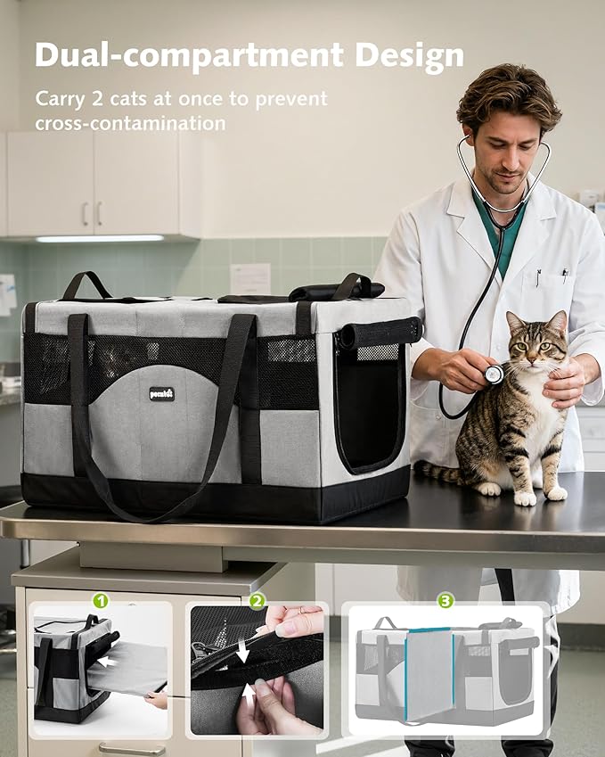 Pecute Cat Carrier for 2 Cats,Dual Cabin Multi Cat Travel Carrier with Removable Divider and Sturdy Frame,Collapsible,Soft,can Hold 20lbs+ for 2 Small Kitten,Medium Dog,Extra Large for Travel,Gray