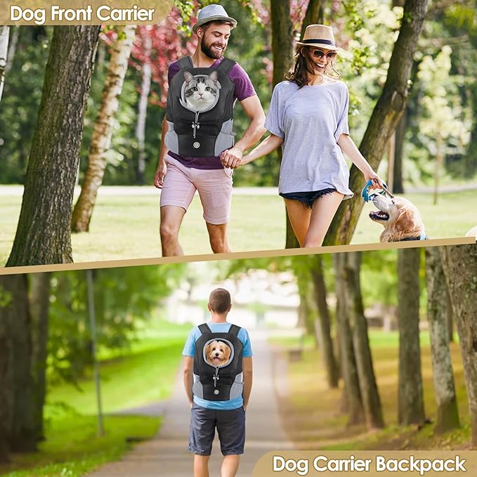 Adjustable Dog Backpack Carrier for Small Dogs, Breathable Front & Back Carry Pet Carrier with Safety Leash, Multi-Pocket Design for Hiking Travel Cycling (Medium)
