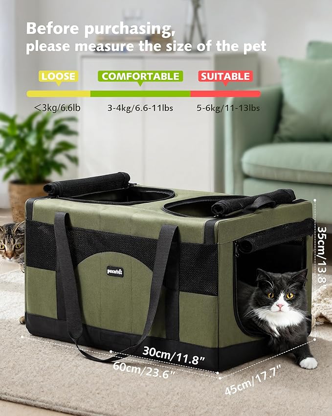 Pecute Cat Carrier for 2 Cats,Dual Cabin Multi Cat Travel Carrier with Removable Divider and Sturdy Frame,Collapsible,Soft,can Hold 20lbs+ for 2 Small Kitten,Medium Dog,Extra Large for Travel,Green
