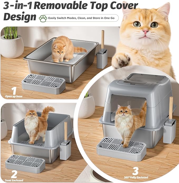 Shikha Stainless Steel Cat Litter Box with 110° Flip-Top Lid -XXL Top Entry Enclosed Litter Box for Large Cats with Deodorization Box, Odor-Free, Non-Sticky, Anti-Leak, Removable Lid for Easy Cleaning