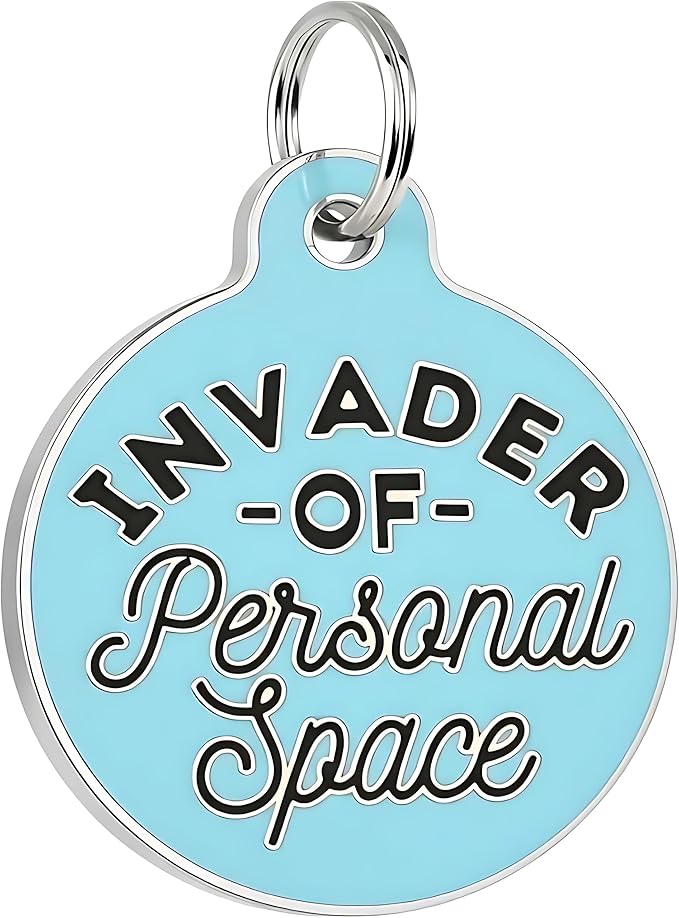 Bad Tags Personalized Dog & Cat ID Tags - Choose from 25+ Tag Designs - Free 5 Lines Custom Engraved - Unique, Cute, Funny, Sassy Pet Tag (Invader of Personal Space - Blue, Large (1.25 inch))