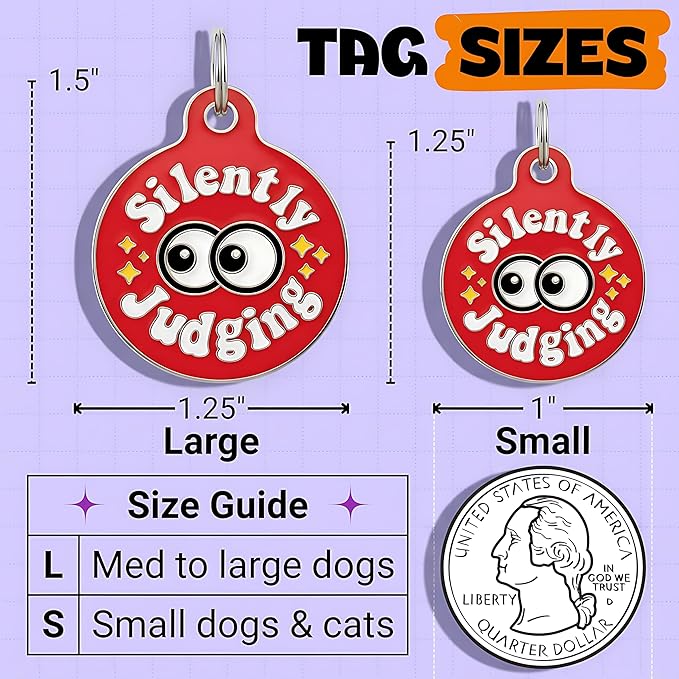 Bad Tags Personalized Dog & Cat ID Tags - Choose from 25+ Tag Designs - Free 5 Lines Custom Engraved - Unique, Cute, Funny, Sassy Pet Tag (Silently Judging - Red, Small (1 inch))