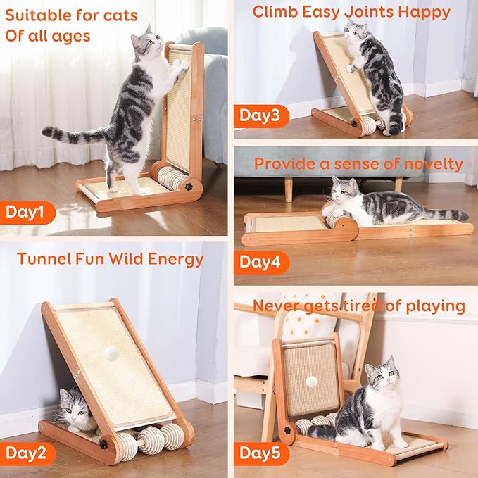 3 Transformable Shapes Cat Scratching Post - Adjustable L-Shape Sisal Scratcher with Multiple Fresh Fun Play Modes, 100% Natural Solid Beechwood& Sisal, Eco-Friendly Furniture Protector（1 Pack）