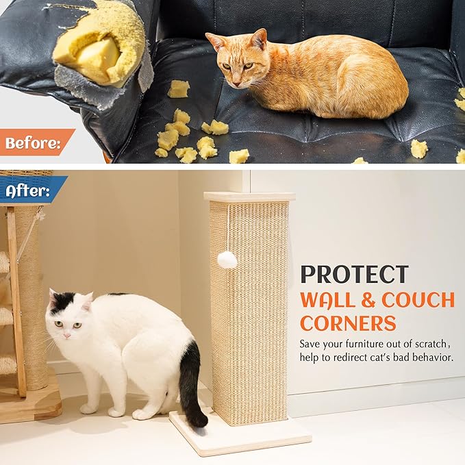 PETKARAY Couch Corner Cat Scratcher, 28'' Corner Scratching Post Cat Wall Scratcher, Sisal Scratch Pad for Sofa, Wall Furniture Protector with Toy Ball