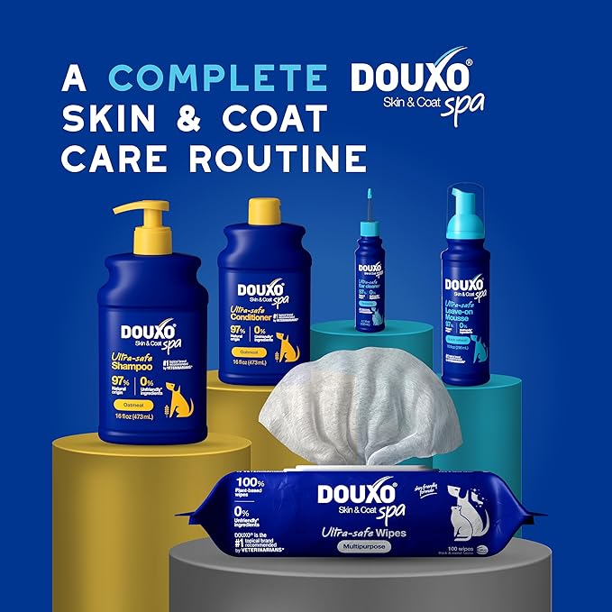 DOUXO® Skin & Coat SPA – Ultra-Safe Combo for Dogs & Cats, Multipurpose Wipes (100 Count, Cleans & Refreshes Coat) + Dewaxing Ear Cleaner (4.1 fl oz, Safely Dewaxes Ears)