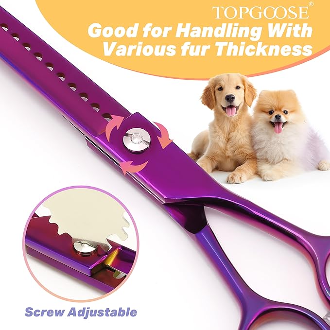 TOPGOOSE 7.5" Dog Grooming Scissor - Professional Thinning Chunker Shear with 18 Teeth Japanese Stainless Steel Hair Scissors for Dogs, Cats and Other Pets (Chunker, Purple)