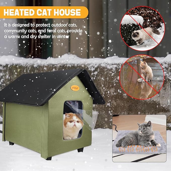 Heated Cat Houses for Outdoor Cats - Elevated Weatherproof Insulated Heated Outdoor Cat House for Winter - Feral Cat Shelter for Outside Cats - Outdoor Heated Cat House (Green)