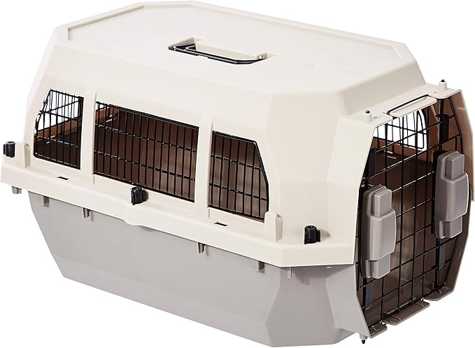 Amazon Basics Hard-Sided Dog and Cat Kennel Single-Door Travel Pet Carrier with Metal Wire Ventilation, 23.6" L x 15.7" W x 13.0" H, Beige