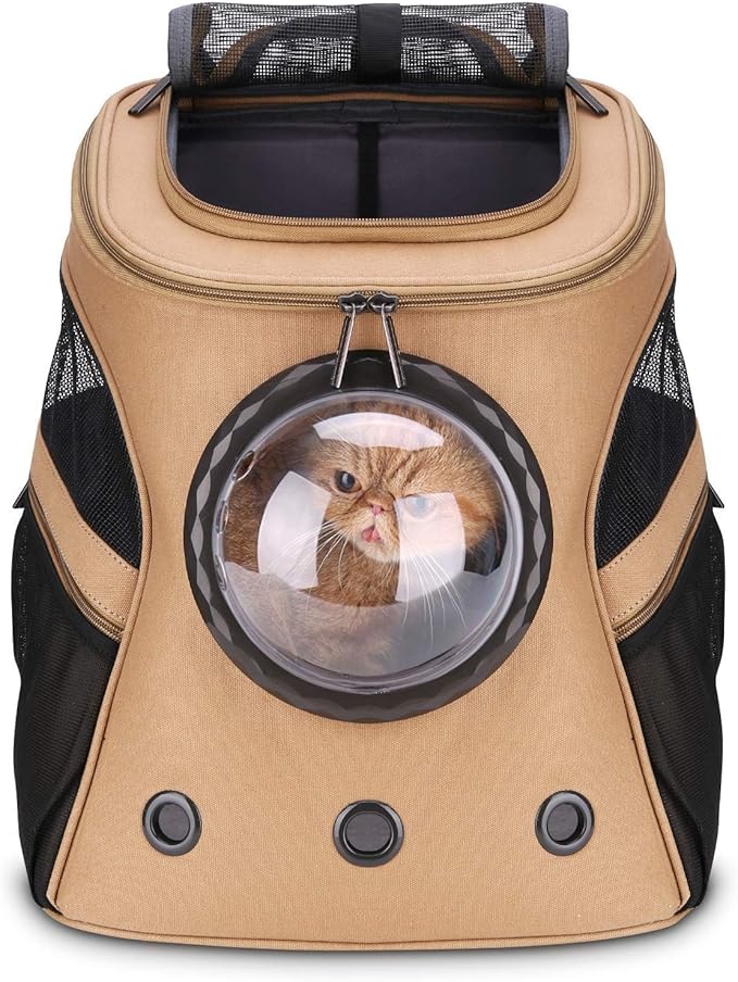 LOLLIMEOW Large Pet Carrier Backpack, Bubble Backpack Carrier for Fat Cats and Puppies,Airline-Approved(Khaki)