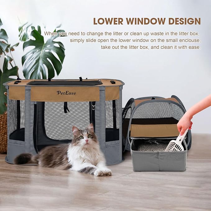 Portable 2-in-1 Dog Crate playpen, Outdoor Cat Playpen with Litter Box Area for Indoor Cats Enclosed Rabbit Puppy Hamster, Indoor/Outdoor Cats Enclosure Cages Tent Tent (Brown)