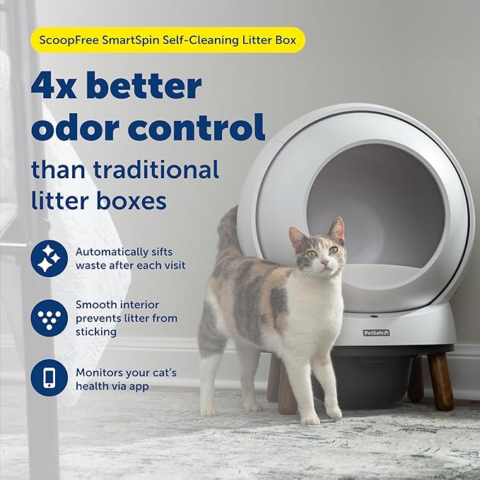 PetSafe ScoopFree SmartSpin Self-Cleaning Litter Box Bundle – Advanced Odor Control – App Controlled – Up to 2 Weeks of Hands-Free Cleaning – Includes Litter Mat, 50 Waste Bin Liners, 4 Deodorizers