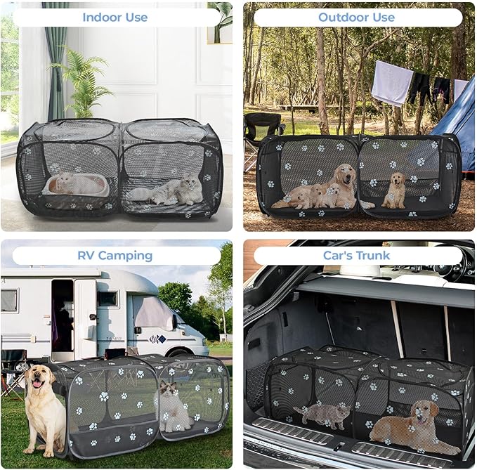 2-in-1 Dog Playpen 58''Pop Up Cat Pet Playpen, Assembly-Free Indoor Outdoor Kitten Enclosure, Breathable Cat Cage Portable Puppy Tent Crates Kennel for Small Animals(No Divider, Unified Space)