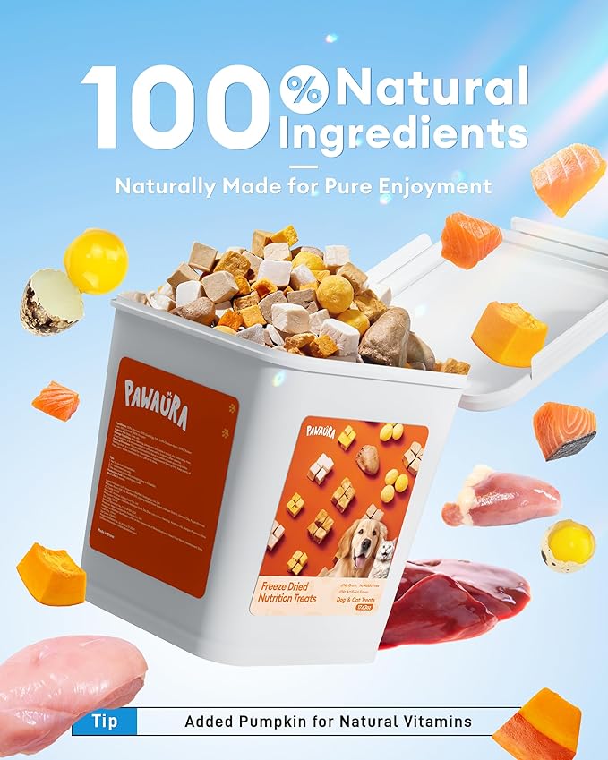 Freeze Dried Treats for Cats & Dogs, Sealed Box, 17.63 oz, Bite-Sized, Protein-Packed with Chicken, Quail Egg Yolk, Hearts, Liver, Salmonr, Pumpkin – Natural, Additive-Free Training Snacks