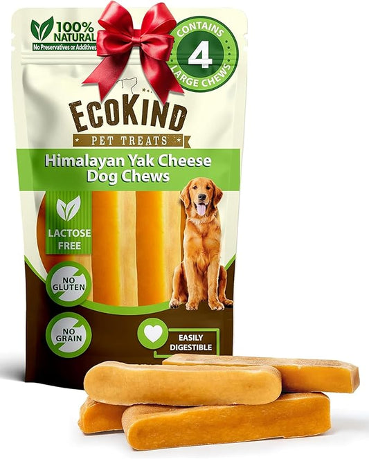 EcoKind Premium Gold Yak Cheese Himalayan Dog Chews, Dog Treats Large Breed, All Natural, High Protein, for Aggressive Chewers, Large - 4 Chews (1 lb)