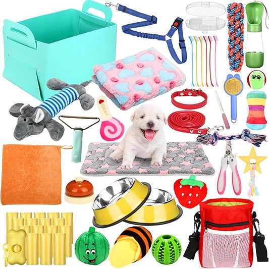 Abbylike 50 Pcs Puppy Supplies Starter Kit for Small Dogs Puppy Essentials Includes Leash, Bowls, Teeth Brushes, Water Bottle, and More Accessories for Dogs Christmas Welcome Gift (Colorful)