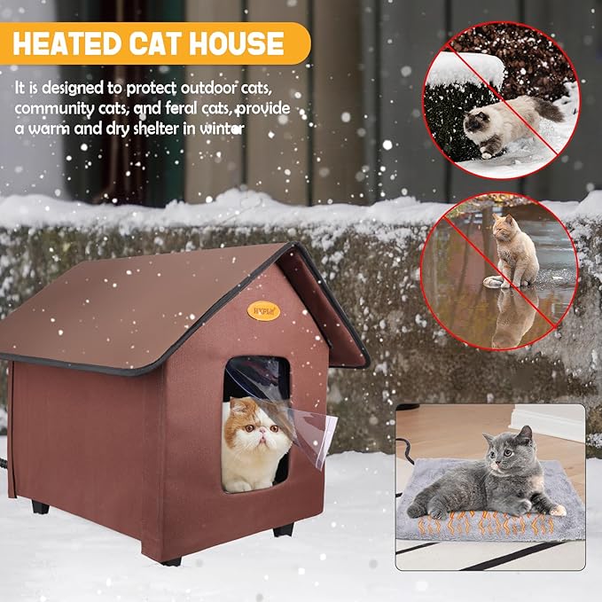 Heated Cat Houses for Outdoor Cats - Elevated Weatherproof Insulated Heated Outdoor Cat House for Winter - Feral Cat Shelter for Outside Cats - Outdoor Heated Cat House (Brown)