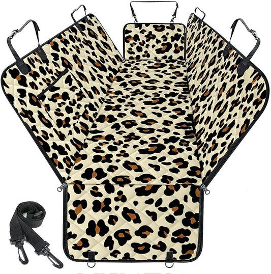 Waterproof Dog Car Seat Cover for Back Seat - Durable, Scratch Proof Pet Hammock with Nonslip Design & Storage Pockets, Fits Cars, SUVs, Trucks- S, Leopard/Black