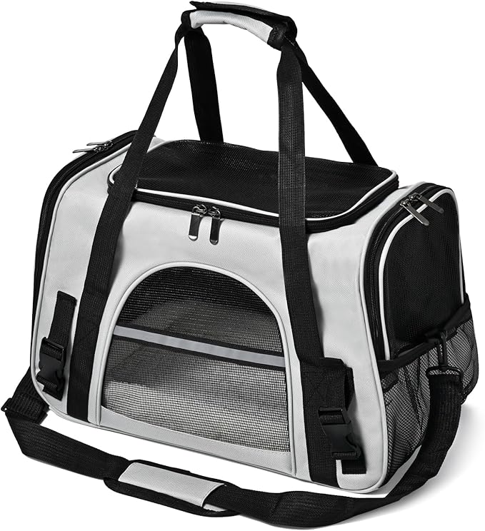 Dog Cat Carrier Soft for Small Pet Up to 16 Lbs TSA Airline Approved Travel Carrier Collapsible Puppy Car Mesh Bag 17.5 * 10.2 * 11.4 inch - Grey & Black