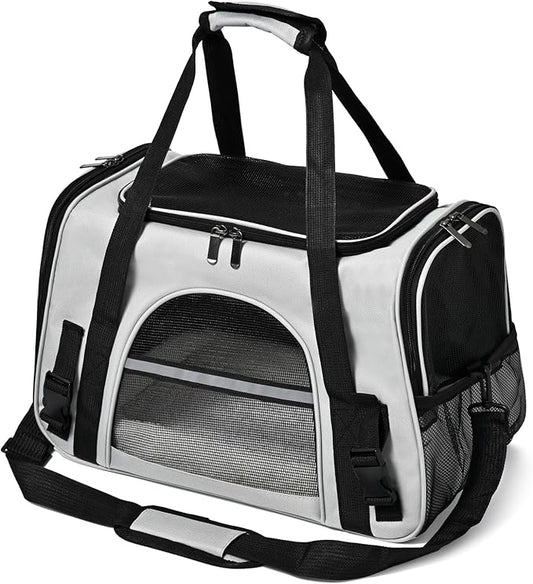 Dog Cat Carrier Soft for Small Pet Up to 16 Lbs TSA Airline Approved Travel Carrier Collapsible Puppy Car Mesh Bag 17.5 * 10.2 * 11.4 inch - Grey & Black