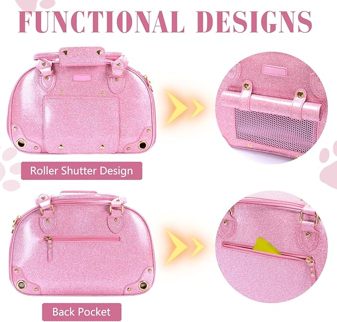 PetsHome Dog Carrier Purse, Pet Carrier, Bling Waterproof Premium Leather Pet Travel Portable Bag Carrier for Cat and Small Dog Home & Outdoor Small Bling Pink