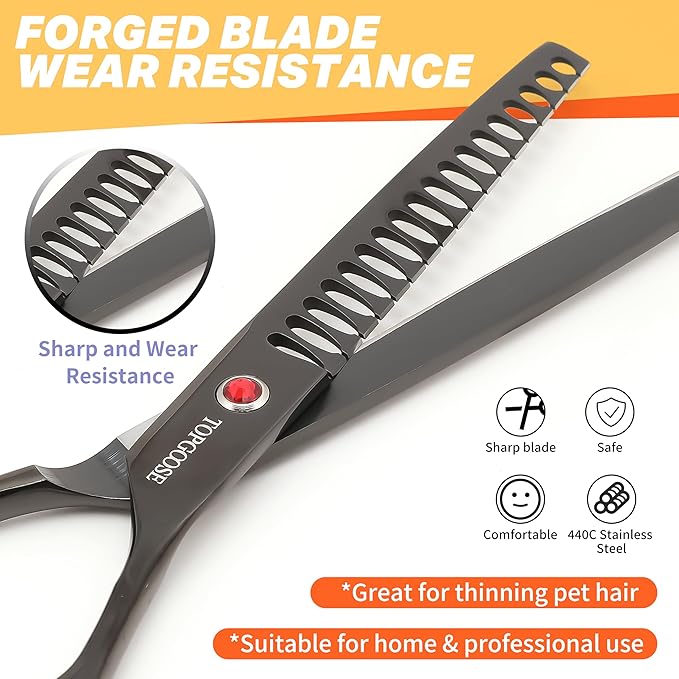 TOPGOOSE 7.5" Dog Grooming Scissor - Professional Thinning Chunker Shear with 18 Teeth Japanese Stainless Steel Hair Scissors for Dogs, Cats and Other Pets (Chunker, Black)