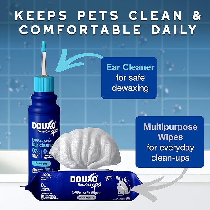 DOUXO® Skin & Coat SPA – Ultra-Safe Combo for Dogs & Cats, Multipurpose Wipes (100 Count, Cleans & Refreshes Coat) + Dewaxing Ear Cleaner (4.1 fl oz, Safely Dewaxes Ears)