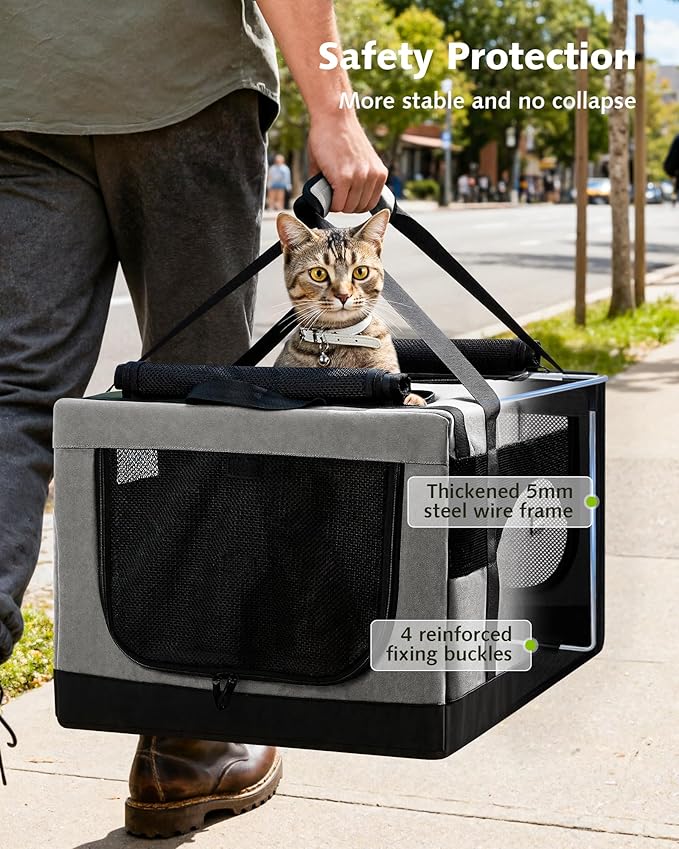Pecute Cat Carrier for 2 Cats,Dual Cabin Multi Cat Travel Carrier with Removable Divider and Sturdy Frame,Collapsible,Soft,can Hold 20lbs+ for 2 Small Kitten,Medium Dog,Extra Large for Travel,Gray