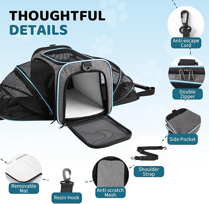 Pet Carrier TSA Airplane Approved - Expandable Soft Cat Dog Carrier, Collapsible Pet Travel Bag Carrier with Foldable Pet Bowl for Large Cats Small Medium Dogs for Camping Vet Visiting 17 * 11 * 11