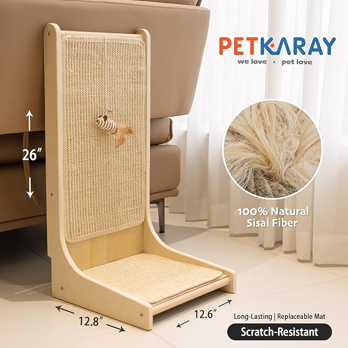 PETKARAY Sisal Cat Scratcher, Upright Cat Scratch Pad Wall Mounted, Vertical Scratching Post Alternative, L Shape Scratching Board 90°