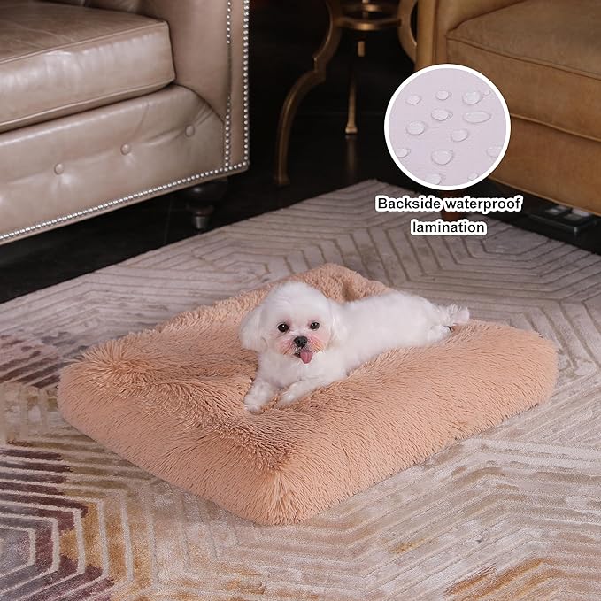 Bedfolks Waterproof Dog Crate Bed,Plush Dog Bed with Removable Washable Cover,Faux Fur Dog Crate Pad for Small Dogs and Cats,Fluffy Dog Kennel Bed 21"x13",Solid Camel